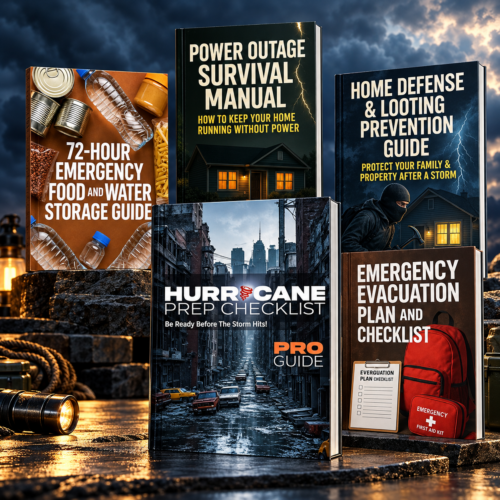 Hurricane Prep Checklist Pro guide, 72-Hour Emergency Food and Water Storage Guide, Power-Outage Survival Manual, Home Defense and Looting Prevention Guide, and Emergency Evacuation Plan and Checklist